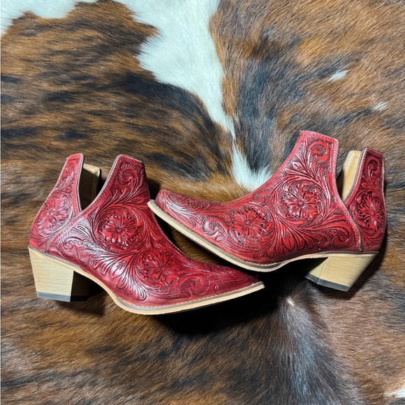 Myra Bag Shoes - Myra Bag Red Tooled Leather Cutout Ankle Booties with Stacked Heel
